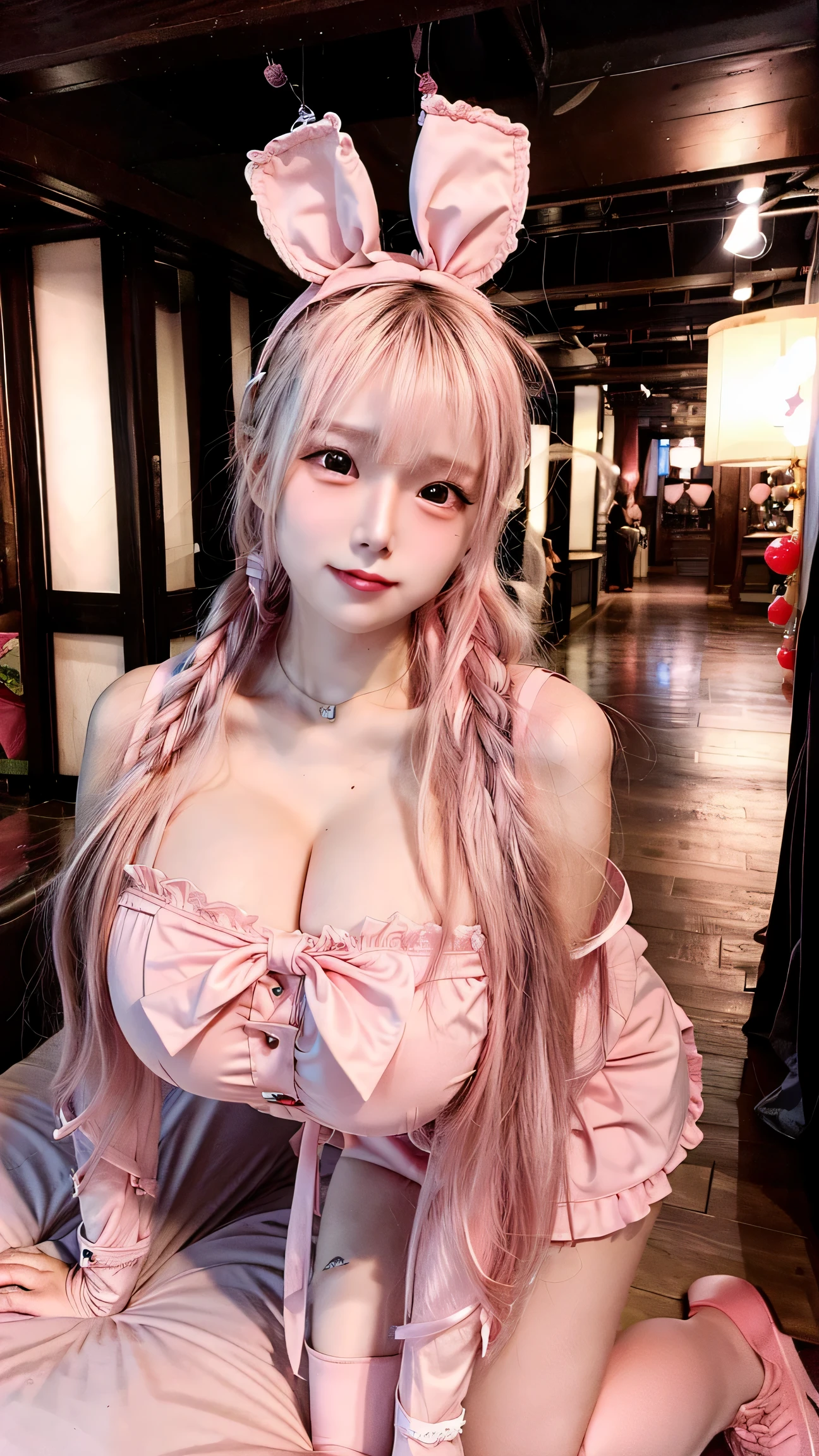 1 Girl, (ulzzang-6500:0.7), Korean Idol, Yae Yoshiko, Separate sleeves, Bare shoulders, Pink Hair, Long hair, Japanese clothes, best quality, (:1.5), (Hair accessories:1.35), Jewelry, Purple Eyes, earrings, breast, Torii, Cherry blossoms, lantern, Depth of Field, Delicate face, Face Focus, Ribbon_prune, (Looking at the audience:1.25), Unconventional witch, Glowing skin, Long sleeve, Smile, thick lips, Game CG, Put your hands on your lips, East Asian Architecture, (Blurred background:1.2), sit, Upper Body,(((丰满柔软的breast,)))(((大breast))) (((Cleavage)))