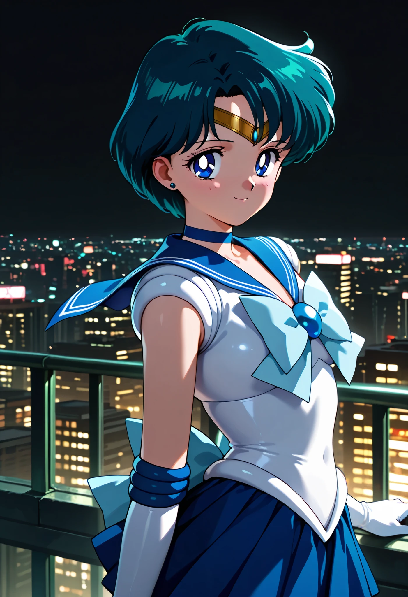 masterpiece, amazing quality, best quality, ultra-detailed, 8K, illustration, clear skin, ultra-detailed-eyes, soft skin, very awa, very as2, soft body, 1990s \(style\), official art, 1girl, ami mizuno, blue eyes, blue hair, short hair, parted bangs, small breasts, back bow, blue bow, blue choker, blue sailor collar, blue skirt, bow, choker, earrings, gloves, jewelry, magical girl, miniskirt, pleated skirt, sailor collar, sailor senshi uniform, skirt, stud earrings, tiara, sleeveless,solo upper body, smile, dim lighting, black sky, urban rooftop, volumetric lighting, dynamic lighting, sharp focus, distortion-free