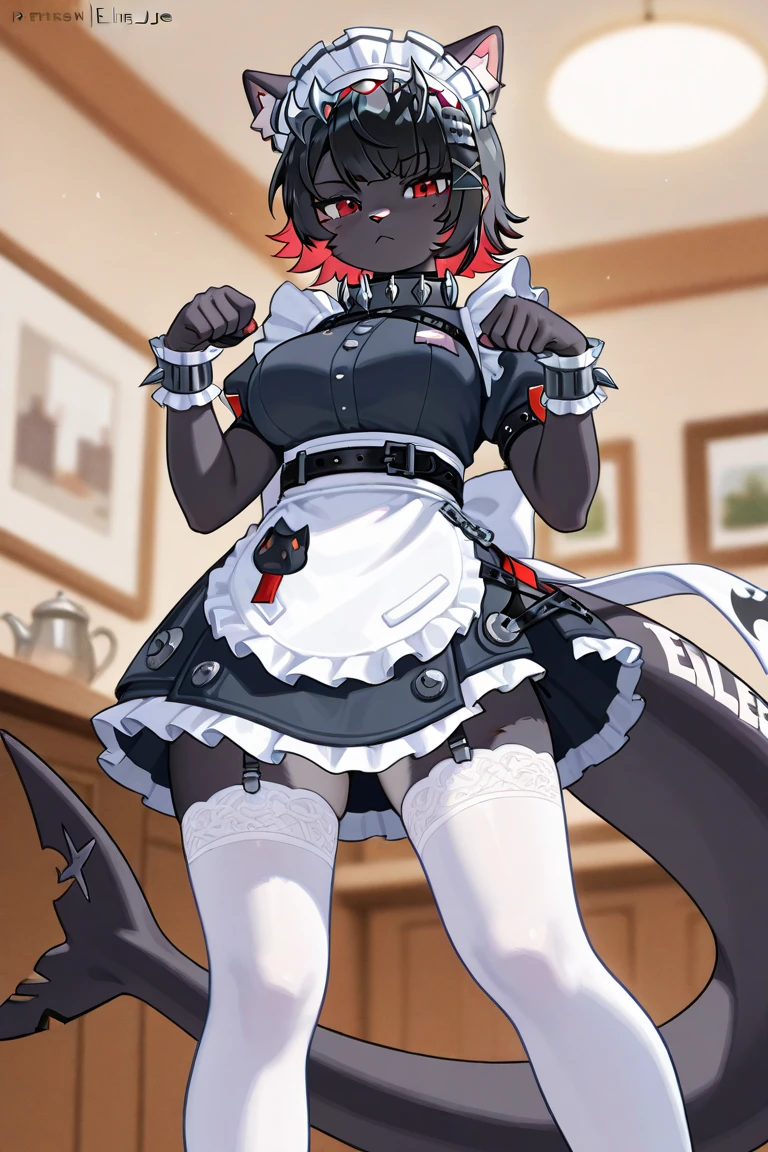 (anime art style:0.5), 2d, masterpiece, best quality, very aesthetic, absurdres, dynamic shadows, atmosferic, ellen_joe, genshin impact, (1girl), (solo), (black hair), short hair, red locks, red eyes, detailed eyes, mole under eye, hair between eyes, bangs, medium breasts, curvy body, makeup, (one tail), fish tail, (tail from ass), black pantyhose, spiked choker, spiked bracelet, spiked headress, x hair ornament, ear piercing, red nail polish, maid, maid headress, white apron, black dress, puffy short sleeves, frilled wristband, covered collarbone, black high heels, parted skirt, black panties, (sexy smile), (cowboy shot), (standing), (from back), (spread legs), looking at viewer, (white background), (simple background)