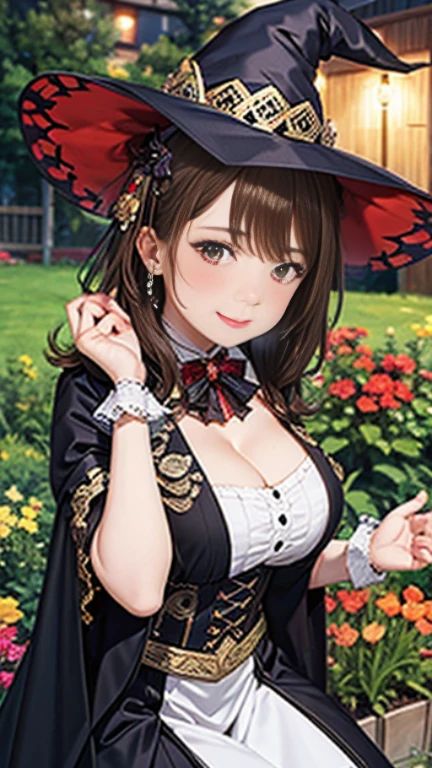 ((Tabletop, highest quality, High resolution, , Pixel Perfect, 4K, ))), Beautiful woman,, alone, beauty、The whole body is visible、 (((Sexy Witch Cosplay), Long dark blonde wavy hair、Off-the-shoulder jacket, Dark blue flared skirt、Witch Hat、Mid-wave hair, bangs, Brown Hair)), ((Brown eyes, Beautiful eyelashes, Realistic eyes)), ((Detailed face, Blushing:1.2)), ((Smooth texture:0.75, Realistic texture:0.65, Realistic:1.1, Anime CG Style)), Center of chest, Dynamic Angle, Perfect body, ((,)), Leaning forward、、、Very embarrassing panic smile, 、Castle town park、Sit on a bench、(Spread your legs, Pink lace panties are fully visible、、、、)、Angle from below
