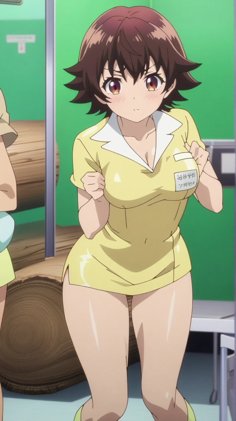 (Perfect body),Best Quality,(8K Portrait),(Official art)、NSFW、embarrassed from、:o、(((blush))),(Sweat),((large udder))、Wet、(Big ass)、(Brown hair),((short-hair))、((Forehead))、((Parted bangs)), (eyes are brown)、(Brown eyes),(((thick thighs)))、((Light pink bra))、((Light pink panties))、Locker Room