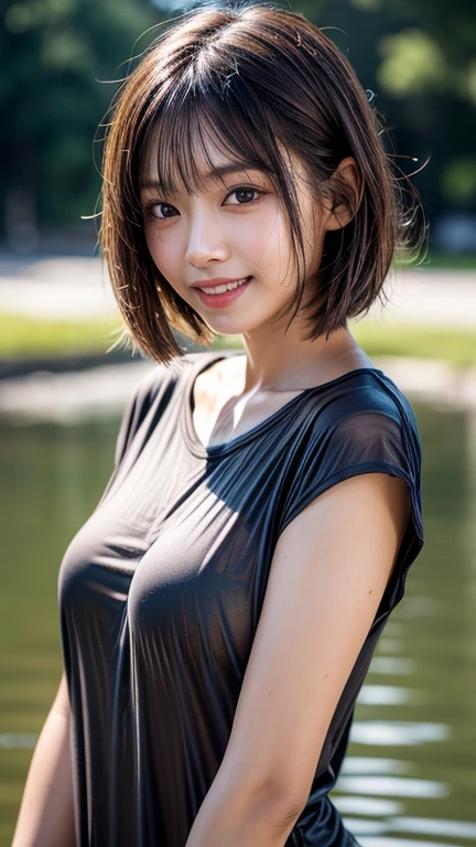 (Best quality, 8k, 32k, Masterpiece, UHD:1.2),Photo of Pretty Japanese woman,black short hair,beauty face,(leaning forward:1.3),squatting,(from above:1.2),(close up:1.4),pov,,looking at another,smile, <lora:downblouse-v1:1>,loose t-shirt,large breasts,beautiful nipple slip,outdoors,windy,shiny skin,blurry background