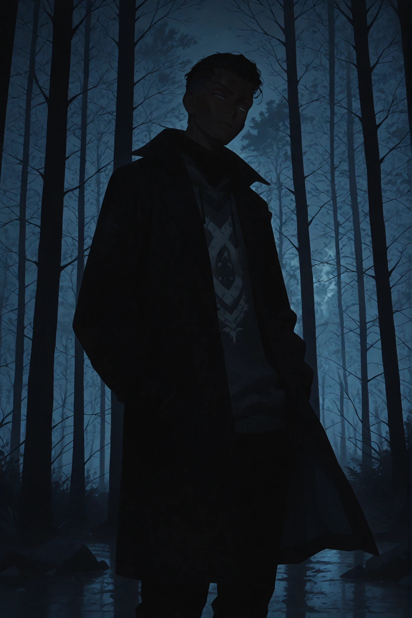 1boy, standing, dark, dark sky, dark-skinned male, forest, outdoors, night, very short hair, male haircut, army haircut, Induction Cut, hair slicked back, black hair, pale-blue eyes, stern expression, serious, arms in pockets, coat, black coat, black pants, dark-grey sweater, tall, looking at viewer, narrowed eyes, calm, closed mouth, standing at the roadside, asphalt road, best quality, coat flutters in the wind,