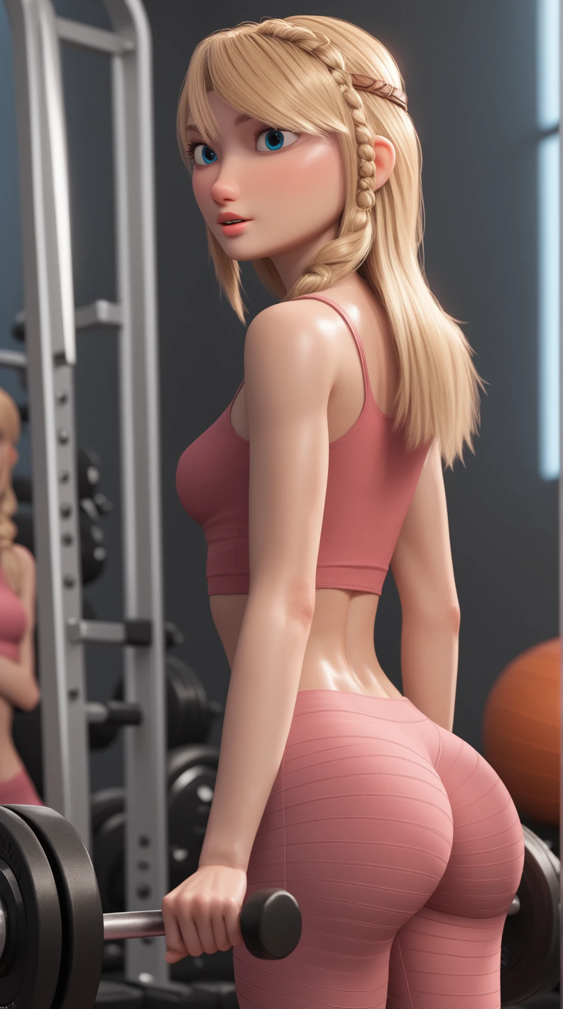 thepit bimbo, loli, 1 girl, blonde hair, long hair, petite, flat chest, pink crop top, gym shorts