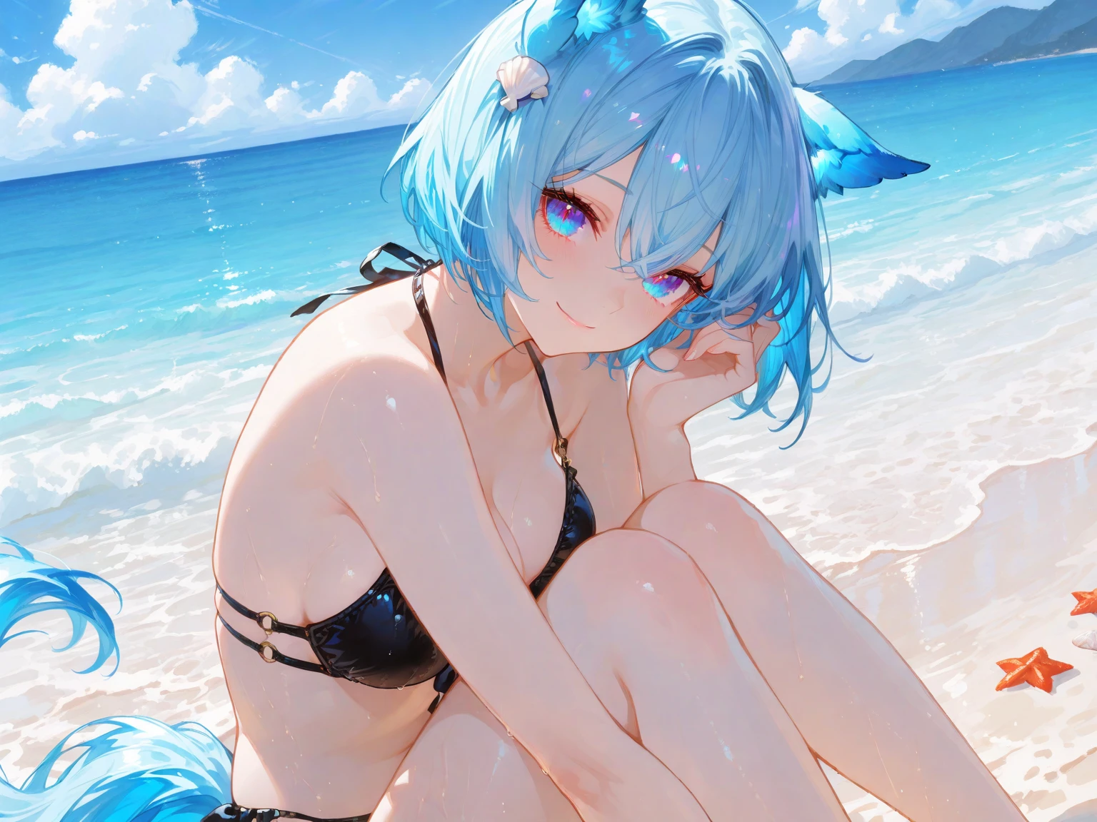 (Masterpiece, Slim Body, Delicate Fingers: 1.2), Best Quality, (Illustration: 1.2), (Hyper Detail), Eye Focus, Ultra Detail, (Fine Detail), (Intricate Detail), HDR, (Ultra Detail: 1.15), (Soft Light: 1.2), 1girl, (short pants swimming suit:1.5), (White hair and blue highlights),cyan eyes, medium, short hair, solo, (small breasts:1.3), masterpiece, (blushing:1.1), best quality, highly detailed, (:1.5), fullbody image, kwaii, (topless naked:1.7), (blue inner hair:1.2), (beach background:1.5), (two-tone hair:1.5), (cat ears:1.4), (cat tail:1.5)