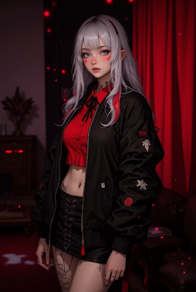 (masterpiece, best quality:1.2), 1girl, solo , emel , fishnet legwear , pantyhose , chain , midriff , black eyes , , O-ring , thigh strap , leg belt ,white hair , strap cloth , strap outfit , , asymmetrical outfit , very long hair , multi colour outfit , jewellery , earring piercing , lazy eye , sleepy eye , hair over one eye , very large breast , smile , lazy face , taunting , pose , cocky pose , taunting pose ,, sleepy , eye bag , kimono , japanese traditional outfit , large breast , outdoors , boobs window