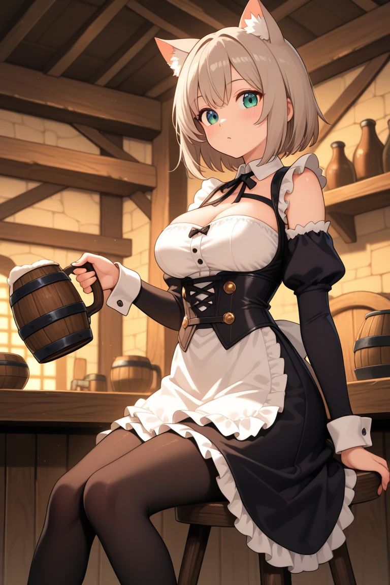 (((kipteitei art))), Masterpiece, high quality, best quality, beautiful, HD, perfect lighting, detailed face, detailed body, ((1girl)), ((solo)), elf girl, medieval fantasy, fantasy village, short blonde hair, ((fluffy hair)), green eye, smug smile, leather corset, medieval peasant clothes, ((white blouse)), ((brown leather pants)), belt, belt pockets, dagger holster, fantasy tavern, bar, small breasts, cleavage, perky breasts, wide hips, skinny legs, thigh gap, dynamic angle, dynamic pose,