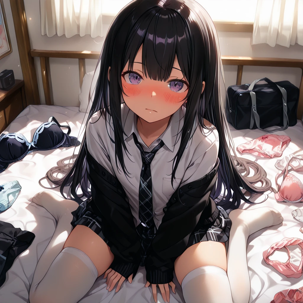 Takiuchi Kame, , long hair, bangs,  black hair, sleeping with both eyes closed,Windows lying asleep on the bed，ロマンチックなnight空，A meteor crosses,Blue Pajamas,black short pajama pants,,sleeping in bed,night,sleep with your head on the pillow,Sleeping lying on your back in bed,dark room,window　night, 
destroy indoors, destroy the bedroom (masterpiece:1.2), highest quality, High resolution, unity 8k wallpaper, (figure:0.8),, highly detailed face, Very detailed CG, (perfect hands, perfect anatomy),
