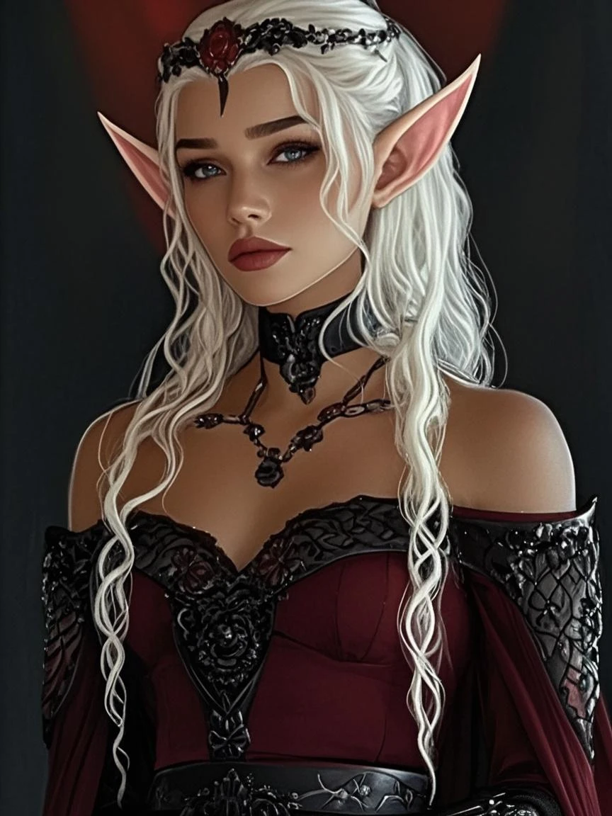 Create a detailed portrait of an elven woman with a seductive and provocative appearance, that reflects his role as a character who works in brothels. The elf must have marked and attractive facial features with a sensual and complicit smile and penetrating and seductive eyes that transmit a feeling of danger and attractiveness.. Your skin should have a smooth, radiant complexion with a subtle glow that enhances your ethereal beauty..
Must have long, loose hair of an intense, deep color like jet black., reddish brown or platinum blonde, cascading down the back or styled in loose, voluminous waves. The elf must have a voluptuous and full figure with a body that appears lush and of generous proportions., emphasizing her curves and giving her a strong and striking presence. Your breasts should be large and well defined., accentuated by their revealing and ornate clothing. Your outfit should be elegant and provocative, perhaps a low-cut dress with intricate designs or a corset adorned with jewels and lace, that highlights your curves while maintaining an air of elven grace.
The elf must make a provocative gesture with her hands, like playfully running your fingers along her collarbone or pulling down the hem of her corset, which increases her seductive and tempting attitude. This action should be subtle but suggestive., and enhance your overall seductive presence.
Surround the character with intricate ornamental frames or patterns that reflect a mix of beauty and sensuality.. These may include vines, Floral motifs and delicate, swirling lines add to the overall appeal of the image.. The background may suggest a luxurious and exotic setting., with intense and dark tones like deep purples, Golds and reds that evoke the atmosphere of a high-class brothel.
The overall style should emphasize a balance between elegance and sensuality., Capturing the essence of a character that is both captivating and mysterious, with a pr