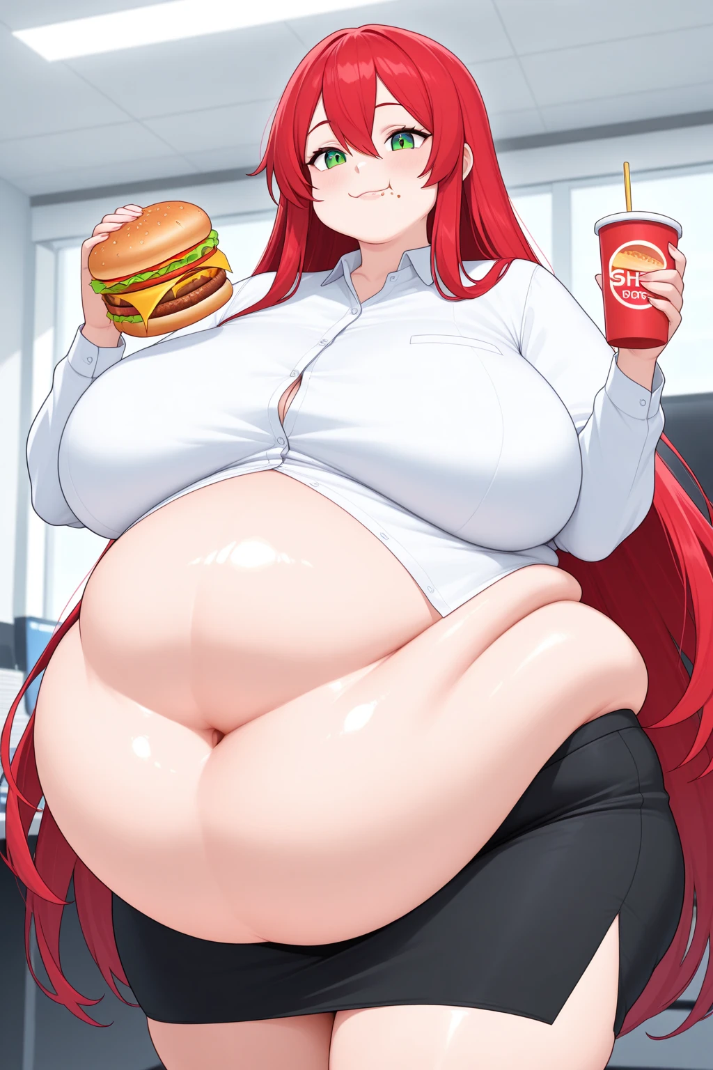 make redhaired ssbbw fat obese girl in too tight clothes at home she's eating too much food from the kitchen