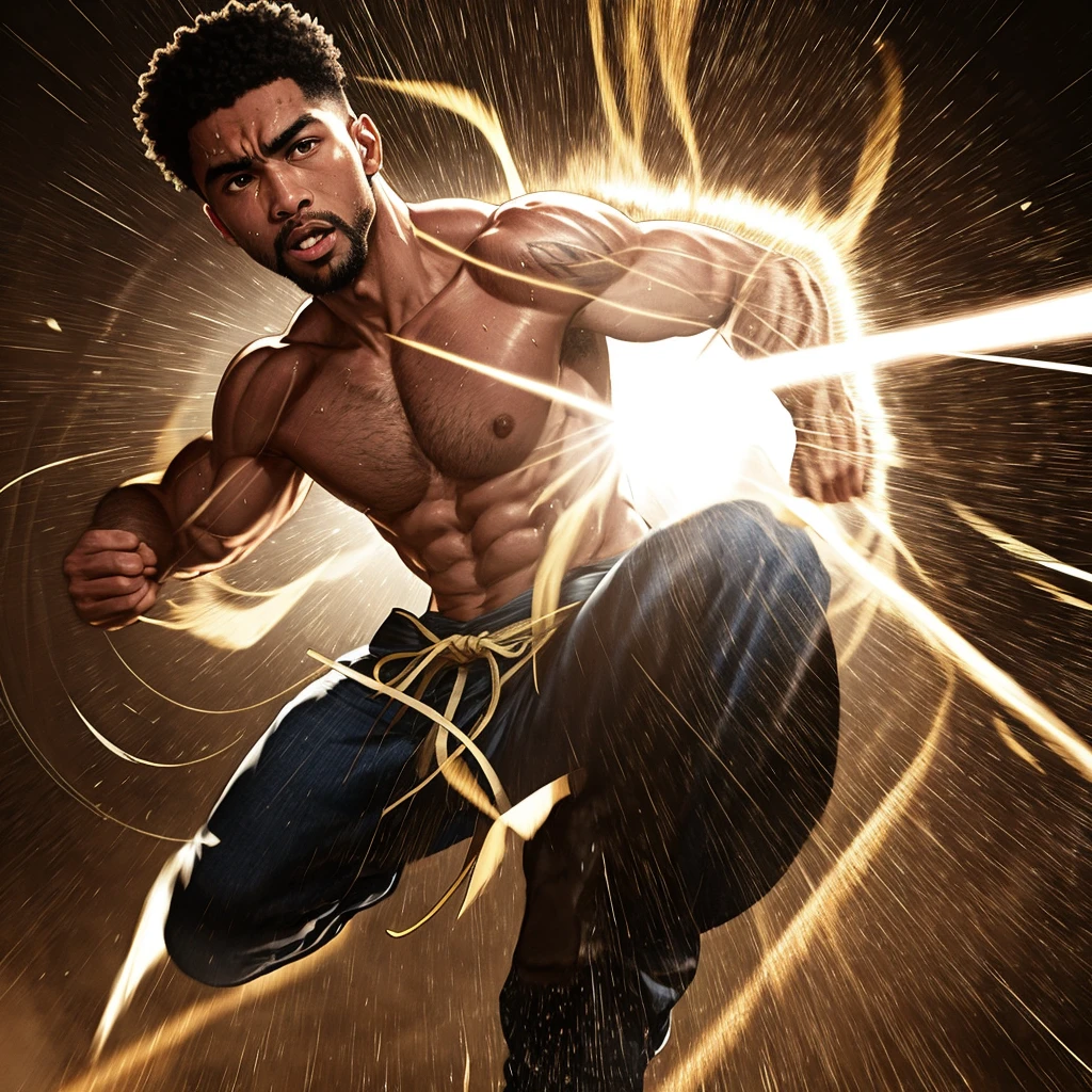 "Meet Zephyr Thunderstrike, a football player with an almost divine presence on the field. Standing at an imposing 6 feet 5 inches tall, his physique is nothing short of godlike – muscles ripple under his skin like living lightning, embodying power and grace. His body seems sculpted from the very elements that make up a storm, conveying an aura of strength that both intimidates and mesmerizes his opponents.