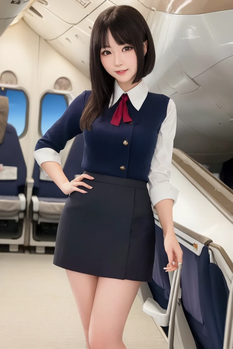 highest quality, Very detailed, masterpiece, 1 person,woman,(((完璧なwomanの体))),Very beautiful face, Very beautiful body,Gentle expression, Very beautiful eyes,(Perfect Makeup:1.1),Chignon Hair,short hair,Shaggy Hair,Maroon colored hair:1.3, Very thin body,Smart Abs, ((Stewardess uniform:1.4)),necklace,anklet,A kind smile,Full body portrait,(Background inside the plane:1.1), (Shiny skin),(Earrings),GGX Heel,
