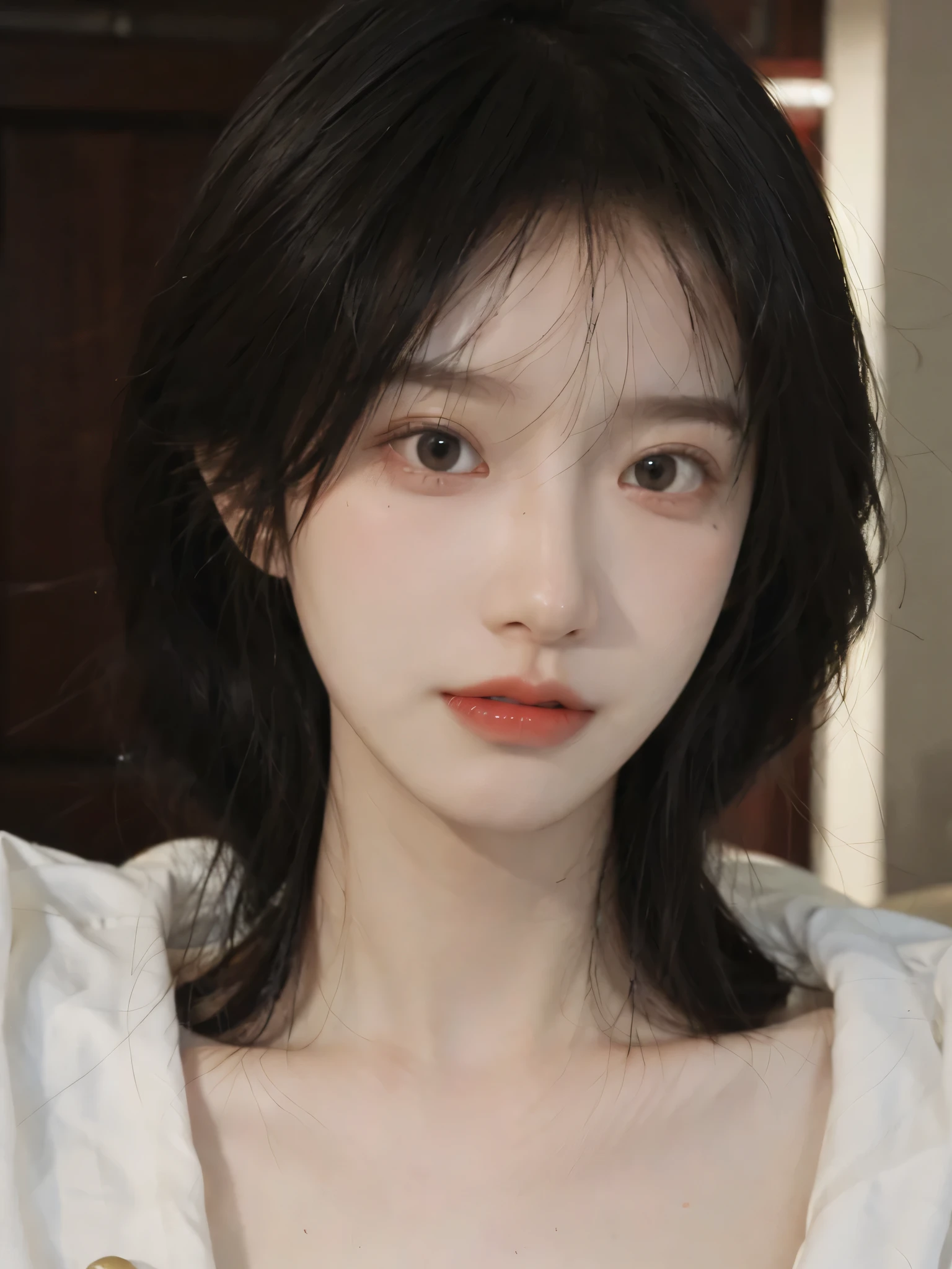 1 girl,Model,Upper Body,short hair,A faint smile,serene, calm,Moles under the eyes,Exquisite eyes, Delicate face,Lipstick,earrings,Hair details, skirt,(Dress conservatively:1.3)(Large Breasts:1.2),outdoor,background,城市background,(Skin details:1.4),(Realistic and detailed eyes:1.2), Natural skin texture, Realistic facial details,Close-up of face,Portrait Photography,(Portrait Photography:1.1), (smooth skin textures:1.3), (Highest quality real skin textures:1.4), Direct vision,Soft dramatic lighting, Vivid details, 35 mm film, (Photo Practical:1.4), (hyper Practical:1.4), (Practical:1.3), (Smoother lighting:1.05), (Improve lighting quality:0.9), (Enhance the beauty of skin texture:1.1), Depth of Field, Bokeh, Surrealism, Ray Tracing, ( Surrealism, High Detail, Chiaroscuro, Ray Tracing, reflected light, Ultra HD, Ultra HD, masterpiece, Textured Skin, Super Detail, High Detail, high quality, best quality