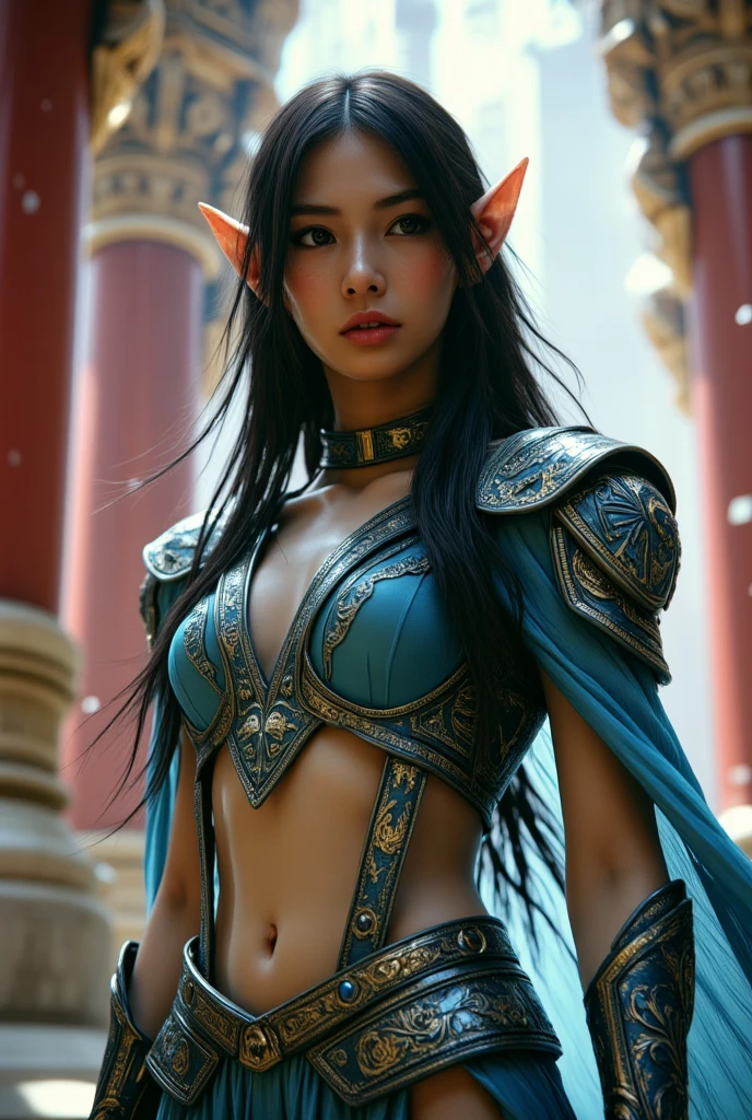 8k,Sexy and very large chest armor(Blue and silver),Ultra-high resolution,Ultra-realistic,
