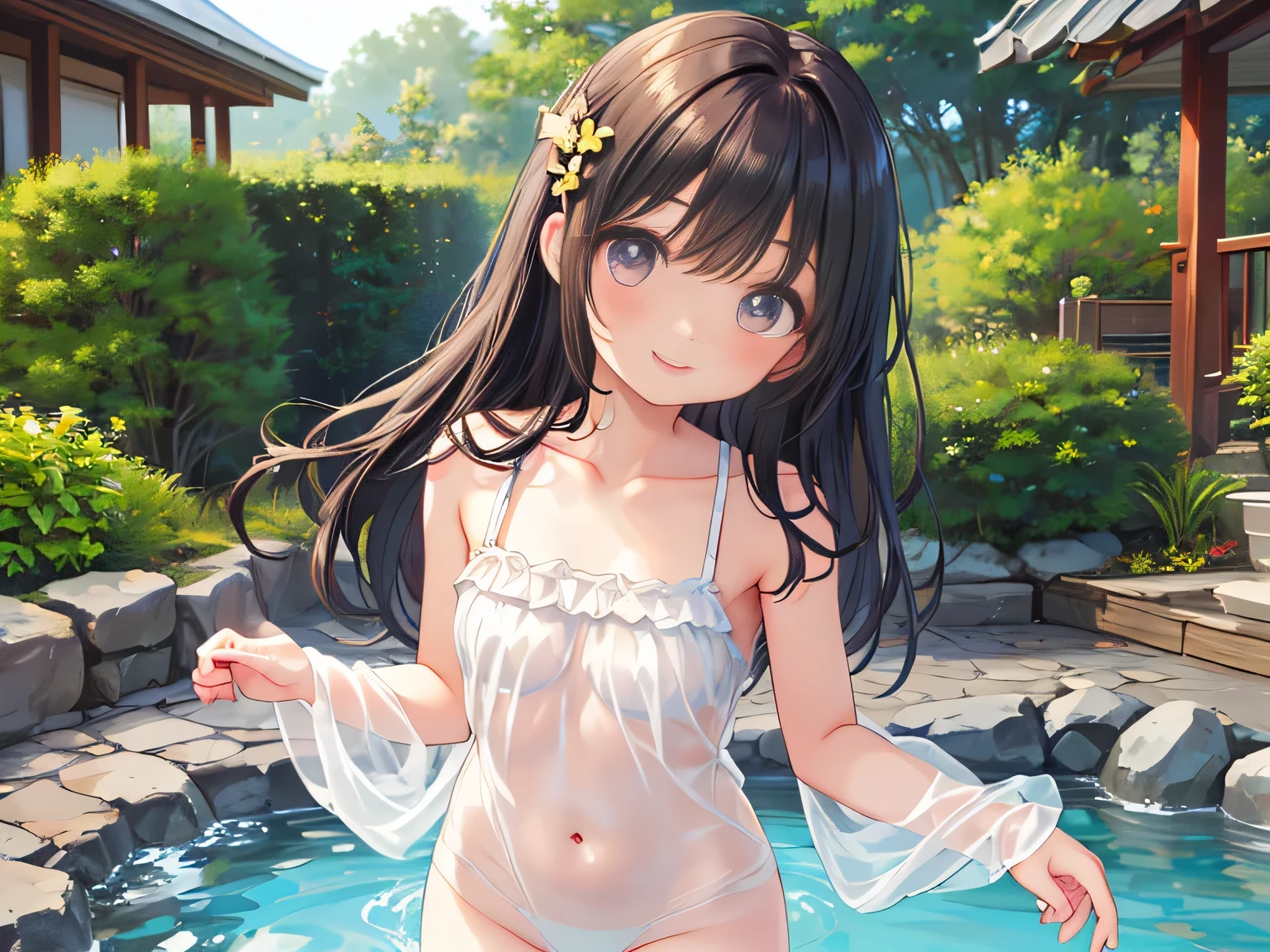 10 years old,Girl,,Flat Chest,naked,Full nudity,Highest quality、High resolution、Detailed Background、Beautiful face in every detail、Teenage Beauty、Cute hair colour、Brown Hair、Black Hair、Bobcut、Twin tails、Big smile、boost mood、 Summer sun、Shining Sea,Angle from below、Leg spread、Embarrassing、