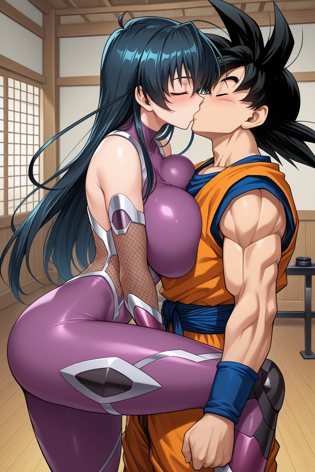 Goku, Girl, sexy, mujer Goku, dragon ball z character, sexy, detailed body, very marked naked and a very voluptuous body having sex with two men