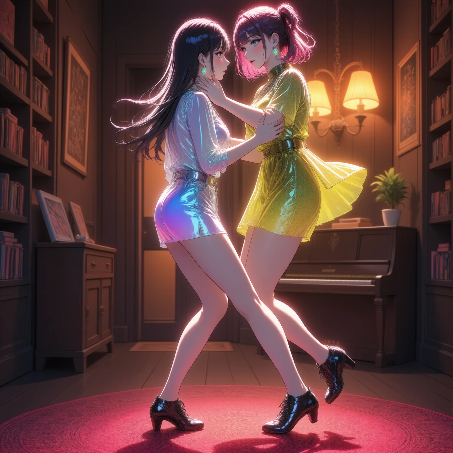 2 women, dancing hugged, sexy sleeveless shorts of these pink, pink pantyhouses, blushing, on an opera stage