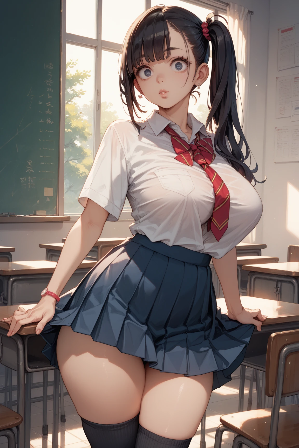 Girl, (long black hair, french-braid hairstyle), sexy body, black eyes, Indonesian high-school uniform, (neck tie, long white socks), osis logo on shirt pocket, huge breasts, light-grey pleated skirt, full body shot, smiling, in the classroom, high quality, high resolution, very detailed