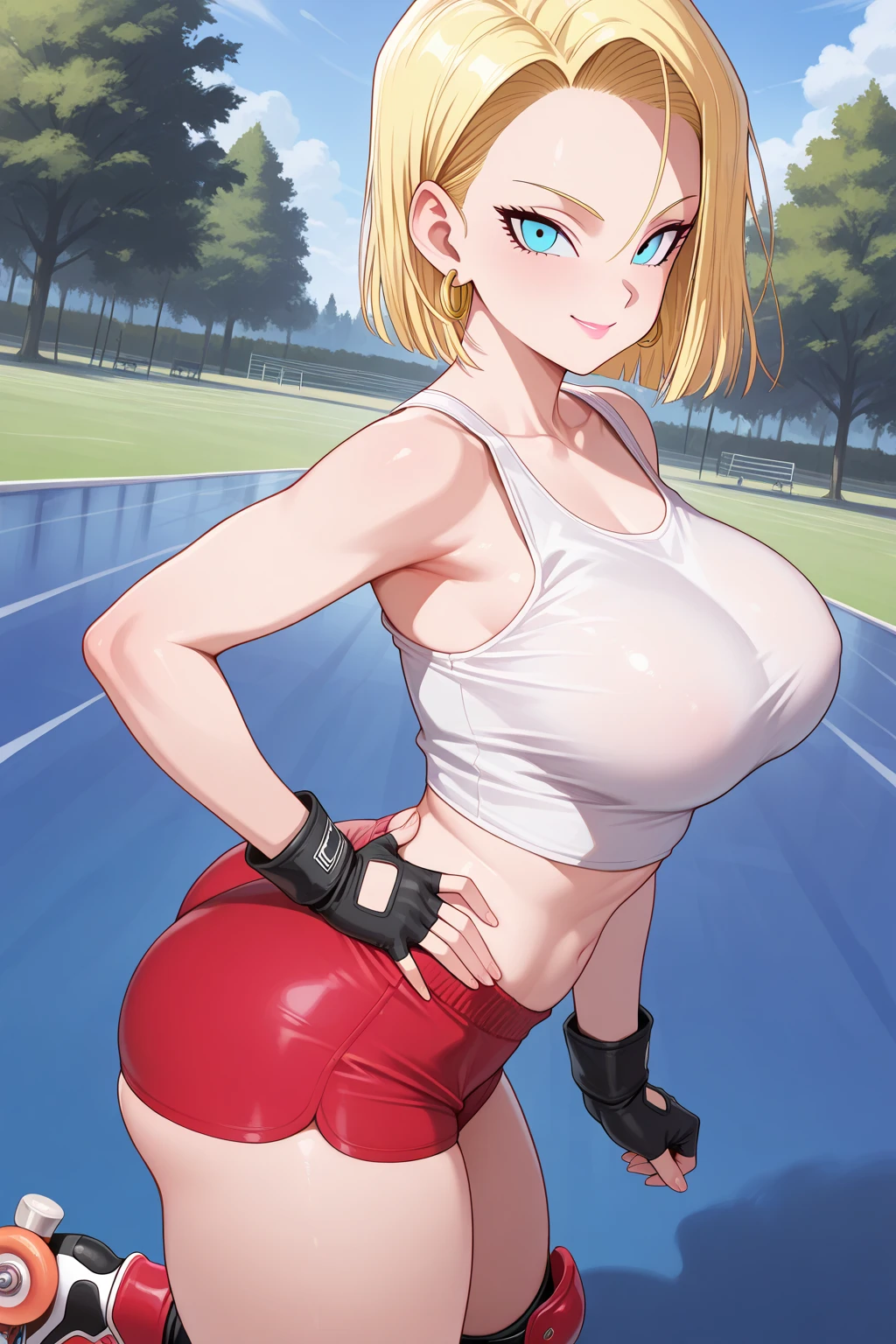 Dragon Ball, Android 18, 1girl, ((bimbo))), short blond hair, blue eyes, puffy lips, painted lips, thick lips, smile face, wide hips, thick thighs, enormous round fake breast, huge round Bella bellz ass, shiny skin, high waist pink bikini, camel toe, sweat, sport running,