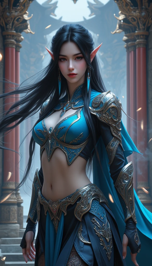 full body xianxia, lace armor, Beijing opera,glowing eyes, fly in sky,clouds, large breasts, showing cleavage