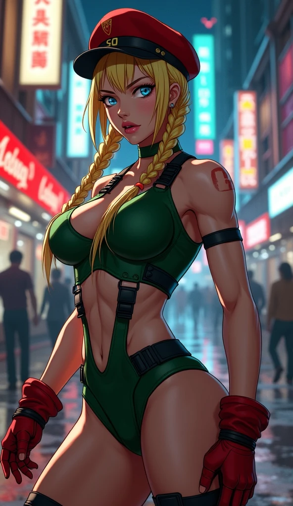 masterpiece, 4k, highly detailed, Cammy de Street fighter, Looking to the camera, blue eyes, platinum blonde hair combed into long pigtails with a small blade of bangs over her forehead, Titis is quite, Cammy, ((a scar on his left cheek)), Beautiful woman dressed as a military man ((Green thong class leotard and the Delta Red triangle insignia on her left chest)), ((military tactical stolera)), (((On his head he wears a red military beret))), Black combat boots and red gauntlets, (his legs are sparsely decorated with green camouflage paint), Clear half-body image, smiling at the viewer, Extreme amount of details, (Make every pixel count to draw the most beautifully detailed art you can:1.1), analog style, bright colors, Symmetrical, centered, close up, female, athletic, fit, narrow waist, high, tanned skin, [(colorful explosion psychedelic paint colors:1.1)::0.125], realist body proportions, realist, photo-realist, 8k, highly detailed, Led light, laser lights,fruit flavored, (thepit bimbo:0.5), Glossy,Anatomically correct, Symmetricalal anatomy