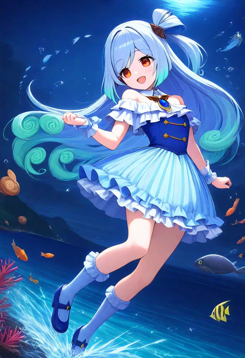 (shylily/(Twich/):1.5),(masterpiece:1.2),(best quality:1.2),((Super detailed),beautiful woman dancing in water, ((surrounded by a school of fish):1.6), Spray color dress, Paint splashes, wet, water, edge light, vivid details, elegant, top quality, style painting magic, Fairy, Extreme colors, Genius use of color,Undine, Beautiful corner,puffy swimsuit