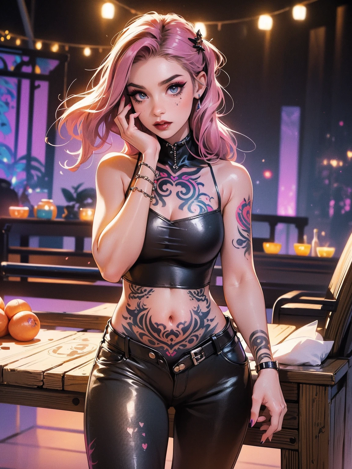 (masterpiece, top quality, best quality, official art, beautiful and aesthetic: 1.2), (1girl: 1.3), wavy long hair, light purple hair, extremely detailed, portrait, looking at the viewer, solo, (full body: 0.6), detailed background, closeup, bright eyes, (cold arctic winter theme: 1.1), barbarian warrior, smile, mysterious, sensually sitting at the table of a dirty tavern, spares clothes, short clothes, bare thighs, some torn cloths covering the breasts, detailed tattoo, medieval background (tent interior: 1.1), mysterious dark lighting, shadows, fantastic atmosphere, Dutch angle