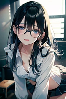 (First Person View:1.2)、masterpiece、Perfect hand drawing、beautifulボディライン、beautiful、 (Thick neck:1.4)、Thick body、(Broad shoulders:1.4)、(wide cleavage:1.2) (Makes your face smaller)、(Pointed Chest:1.6)、Model Body Type、(F cup breasts:1.2)、(Pure white lace bra:1.2)、15 years old、Sharp eyes、Big moist eyes、Impatience and embarrassment:1.2、((school uniform:1.2))、A half-removed shirt and a knee-length skirt、(Face Focus:1.4)、Disheveled long hair、Glasses、(On all fours, covering the viewer:1.2)、Very detailed, Detailed Background, Cinematic lighting,(Teeth are visible)、(I can see my belly button)