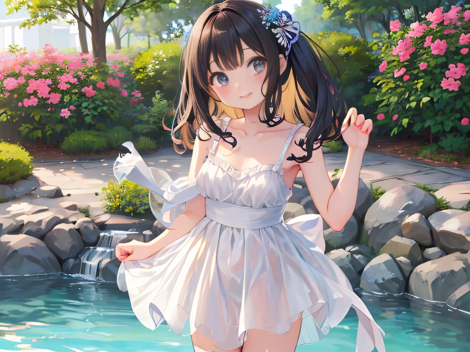 masterpiece, highest quality, disorganized, perfect anatomy, 1 girl, alone, PascalTales, short hair, beautiful, Hilarious, sunny day, botanical garden, Summer winds, Completely naked, Floral, wavy hair, smile