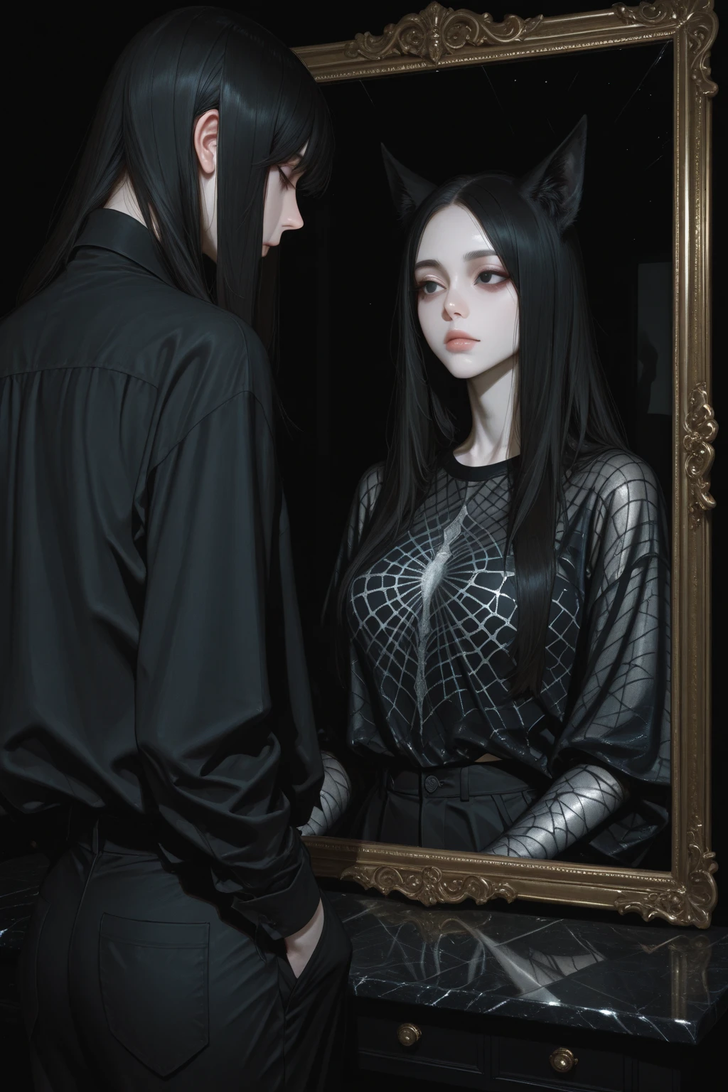 woman. mulatta. He has dreadlocks in his hair. has tattoos. He is wearing black clothes. futuristic scenery