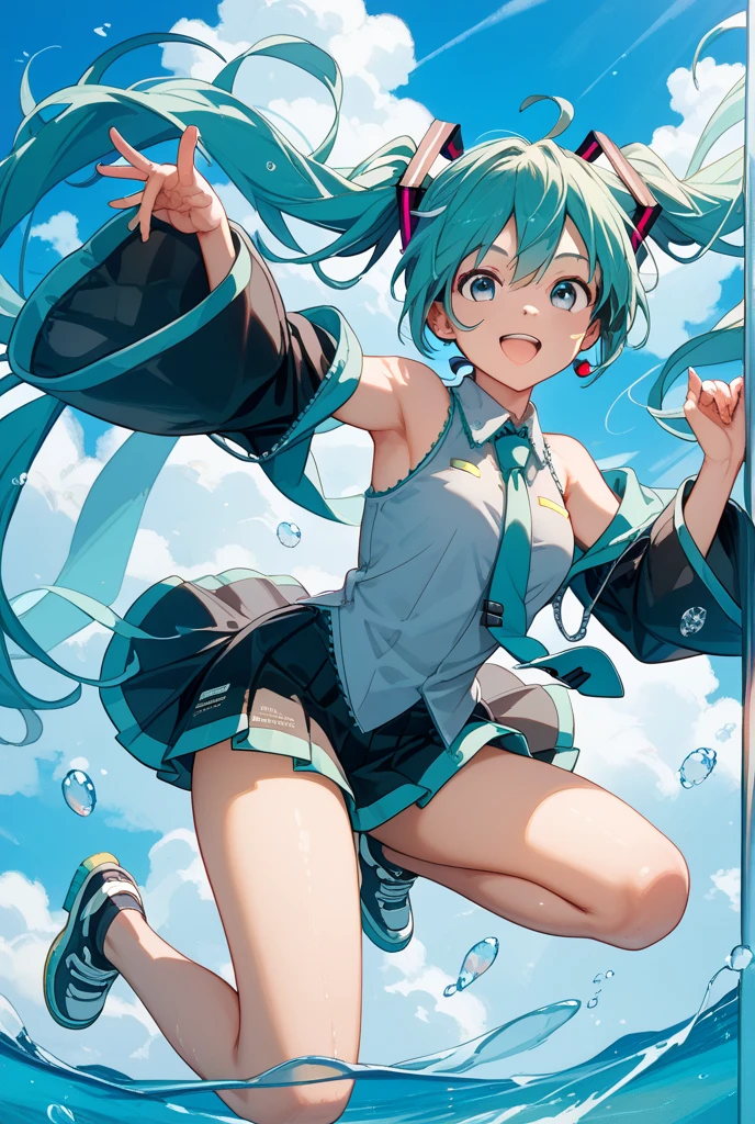 32k, 16k, 8k, best quality, ultra-detailed, high resolution, perfect anatomy, head on, stadium background, cheerleader, high quality eyes, cute girl, peek from below, happy smile, ligth green hair, acrobatic pose, 