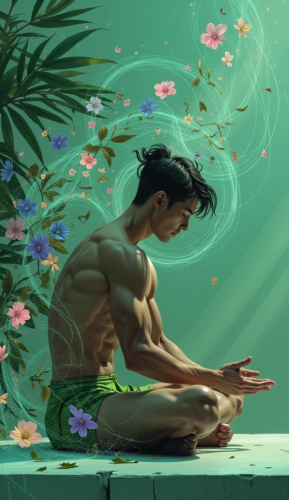 man in the woods,bubbling spring,araund full flower,fling butterfly