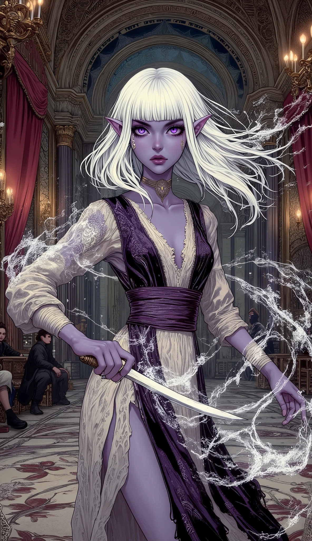 (A fusion of Ukiyo-e and dark fantasy. Aesthetic and gothic digital art. Illustrations are drawn from an oblique, looking-down perspective.) BREAK (White hair. Blunt bangs. White eyebrows. Long white eyelashes. Almond-shaped eyes. Lavender eyes. Dark, thick eyeliner. Small pink lips. Slightly pointy ears. Dark purple skin. Thin limbs. Thin fingers. White fingernails. One thumb and four fingers accurately drawn.) BREAK (A retired dark elf sorceress, now disguised as a Romani dancer, performs an ethereal blade dance at a grand ballroom deep within a medieval Romanian castle. She manipulates illusions with subtle hand gestures, her magic weaving ghostly afterimages and shimmering flames that spiral around her as she spins. Her expression is enigmatic, equal parts grace and menace, with piercing violet eyes that seem to see beyond reality. In one hand she brandishes a curved dagger, its blade glinting like moonlight, moving in harmony with her agile, hypnotic movements. The opulent hall is lit by flickering candlelight and ornate chandeliers. Gothic arches and crimson velvet drapes frame the scene, while noble guests in baroque attire watch in awed silence from the shadows, among them the enigmatic Count himself, cloaked in mystery. The air crackles with arcane tension as reality blurs with illusion.)
