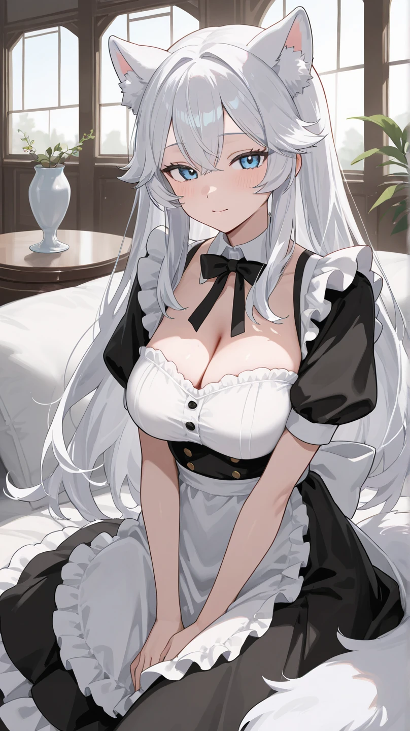 Nsfw, ((((masterpiece, best quality, high resolution)))), 1girl, white hair, purple eyes, short wavy hair, average breasts, blush, light smile, parted lips, glow, thighs, bare shoulders, collarbone, narrow waist, cleavage, (beautiful detailed face, beautiful detailed eyes), long slender thighs, perfect eyes, (maid outfit, maid apron, maid headband), (sunbeam, sunlight, rose, wind, cafe), ratatatat74