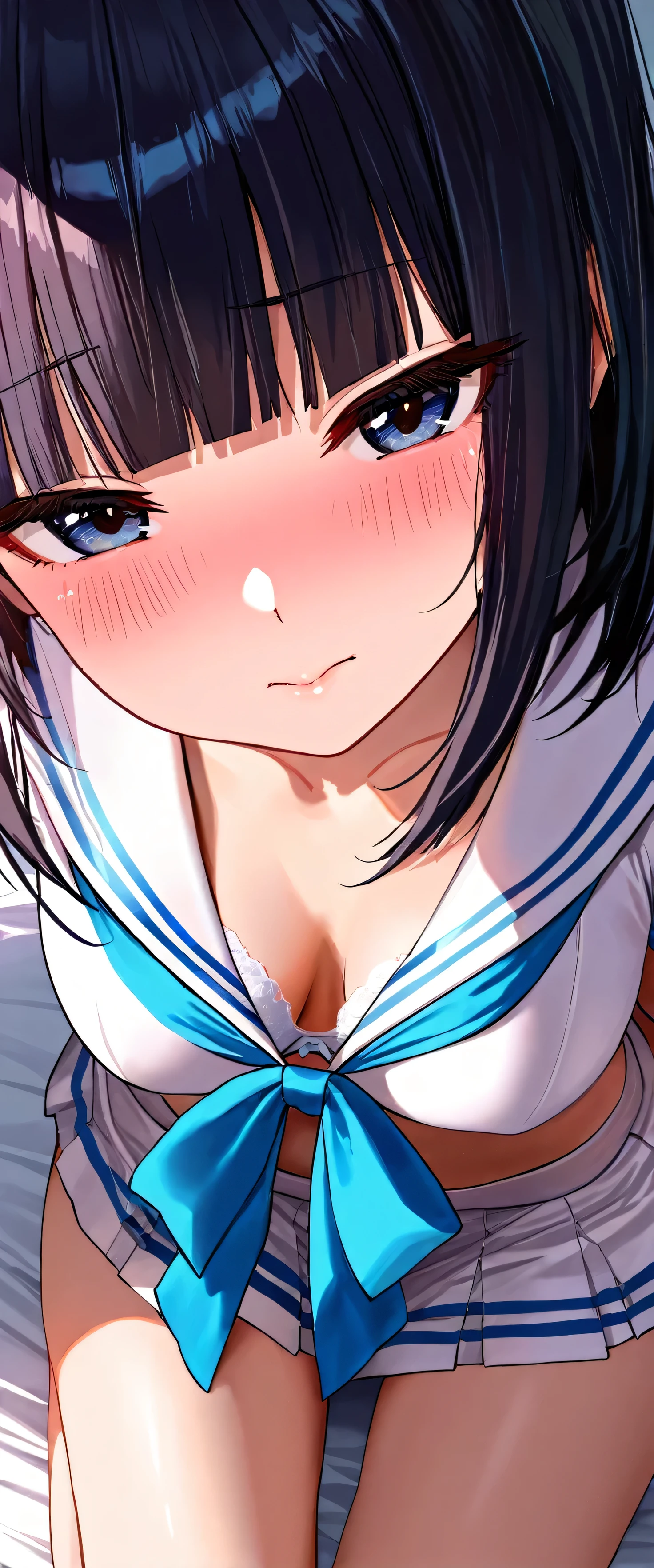 1girl,(Erotic),mouth,serafuku,red neckerchief,white blouse,pleated skirt,sexually suggestive,Leaning forward,(cowboyshot:1.5),(in heat:1.5),(big Breast),(heavy breathing:1.5),arms behind back,(Legs_apart),(eyes visible through hair:1.5),very sweaty,dark blue hair,(brown eyes),hair over eye,blush,(Heavy Breathing:1.3),(Steaming body:1),(straight-on),(light skin:1.5),masterpiece,best quality,very aesthetic,absurdres,medium hair,straight hair,(female:1),(curvy:1),(incoming kiss:1.5), facing_viewer