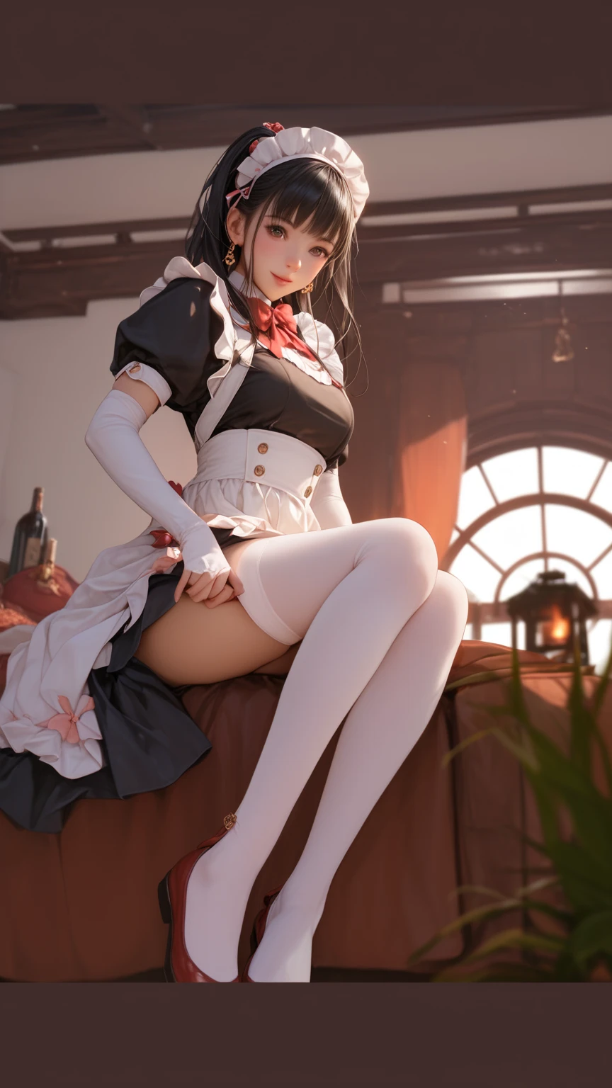 ultra-quality, ultla highres, Hyper Detailed, High contrast, Ultrafine Strike, creative refinement,A dark-haired, ssmile,Red corset,Red garter belt,Show Pub