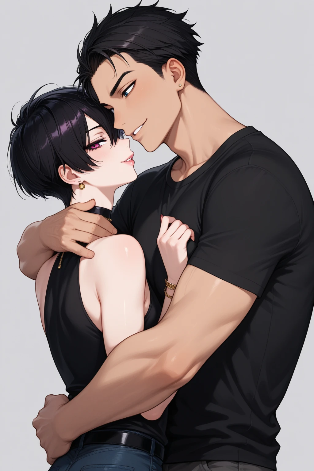 1 girl, small, pixie cut, white hair, white eyelashes, purple eyes, Japanese, large breast, bra, kissing, 1 boy, tall, well built, black t shirt, black pants, wolf cut,long black hair, red eyes, making out, sexy