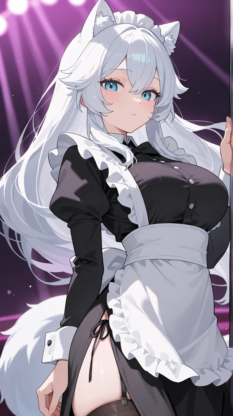 beautiful white neko, long white neko ears, white neko tail, anime style, purple eye, blue eye, big breasts, extremely detailed eyes and face, Wearing White and Black Maid apron outfit, white long hair, heterochromia, wide waist, mature woman, black small beauty mark under right eye