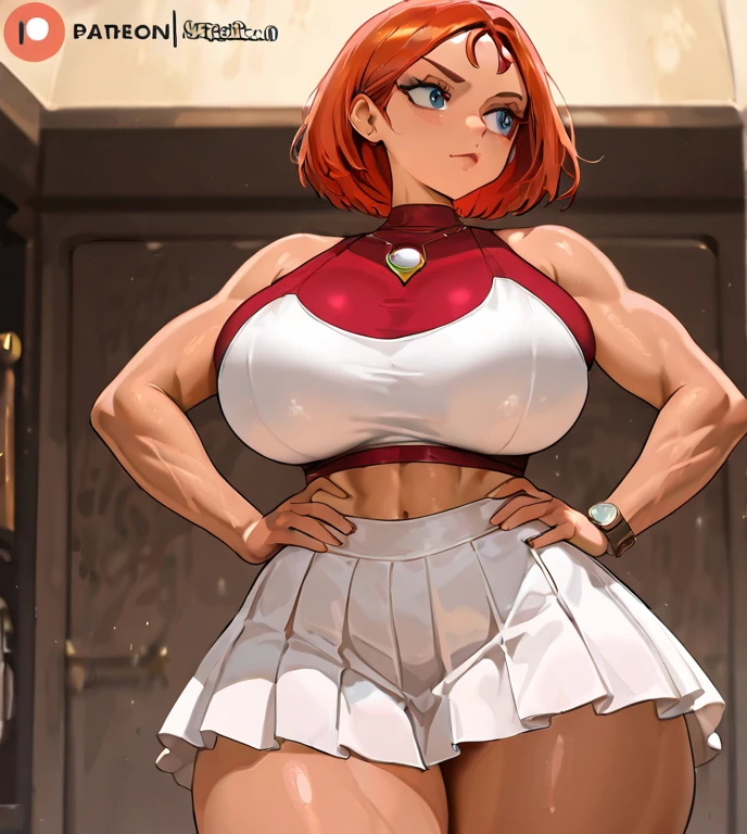 Generate an illustration of a mature whitney, gym leader of pokemon, (white button up shirt), hd, holding a poke all, de terno preto, redpink hair, pigtails, shiny hair, (gigantic breasts:1.4), white shorts, outfit in anime format with a serious style, bellybutton, sneakers, midriff, make up, masterpiece, dark lighting, black background, puffy lips,(slendered abs), beautiful face,