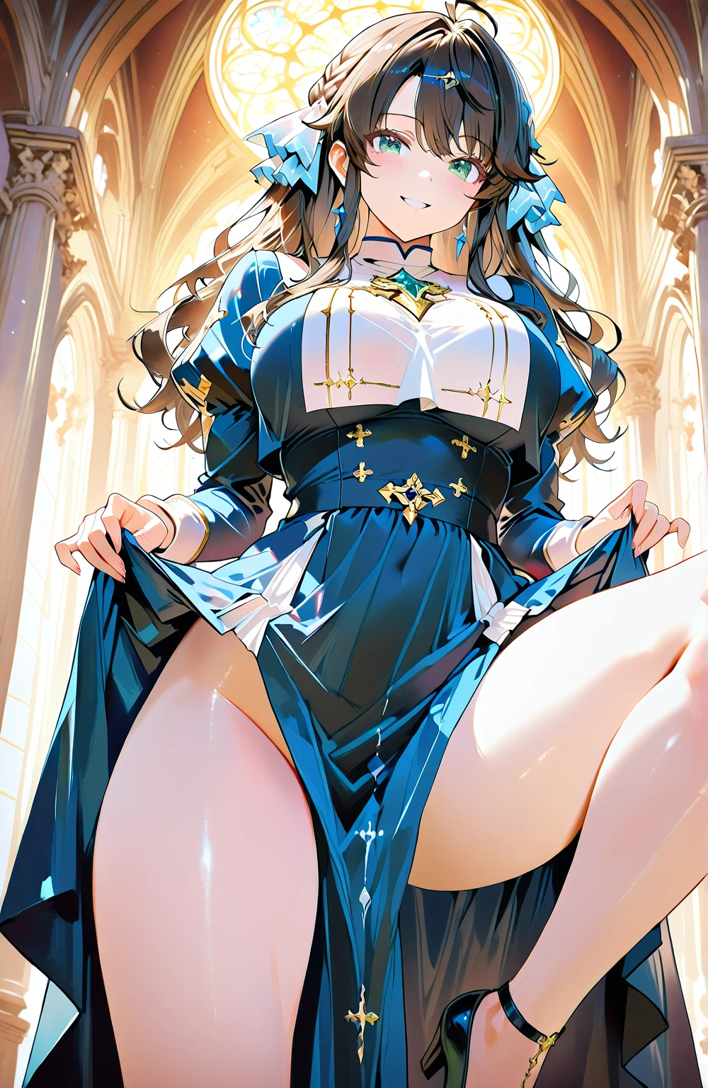 girl，Large Breasts，long hair，Topless，Bow，Blonde Hair, Purple Eyes, Cleavage，Large Breasts,whole body，NUDE