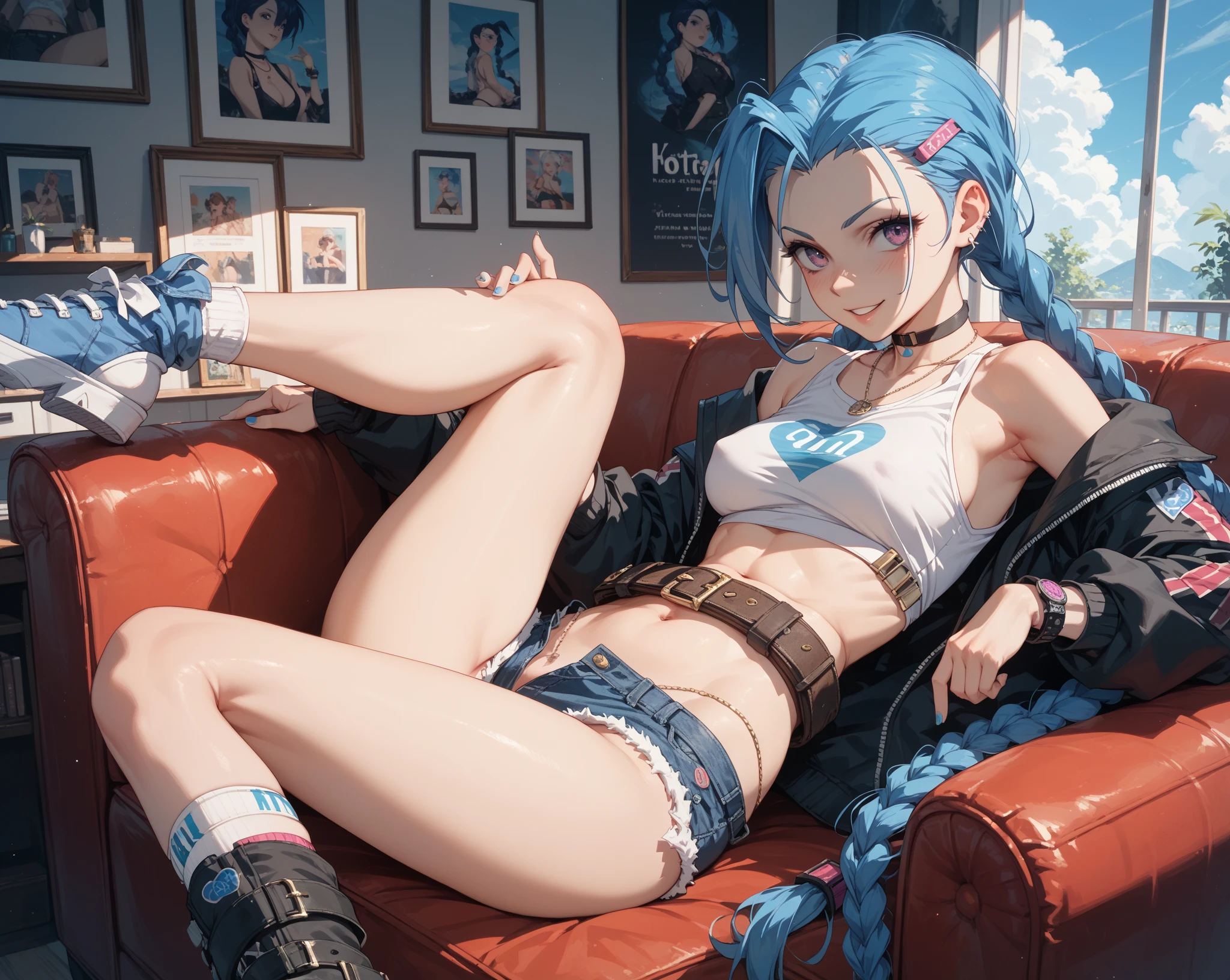 Best Quality, Masterpiece,1girl, 21 years old, blue hair, sexy, casual outfit, thick gloves, sitting on a chair, late evening, lake, beautiful sea and stars range in the background