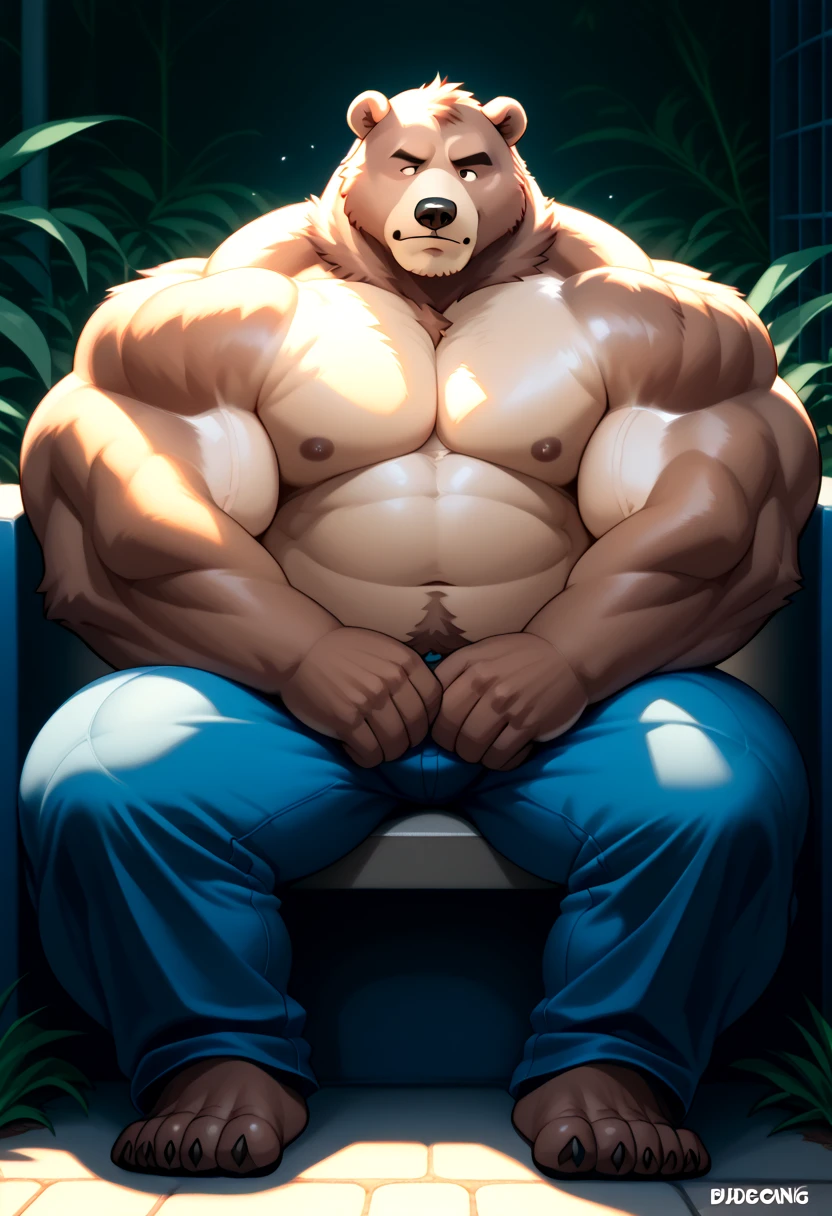 huge male lion、big anime style eyes、High quality male lion face、The lion's mane stands on end、Smart male lion body、very small head、lion's tail、Angle from the side、displeased look、angry look、Gritting teeth、lots of drool、Muscles all over the body like a bodybuilder、Great and very developed abs、amazingly muscular limbs、distended abdomen、Lower abdomen bulges out as if pregnant、Underwear with an abnormally large bulge in the crotch、large amount of pubic hair、large amount of chest hair、large amount of belly button hair、large amount of belly hair、Very thick body hair all over the body、lots of sweat、Angle looking up from diagonally below、thick tongue、Inside the shabby toilet、Pose sitting on a western style toilet bowl、large amounts of hard stool、Pose of excreting feces、I'm getting a stool
