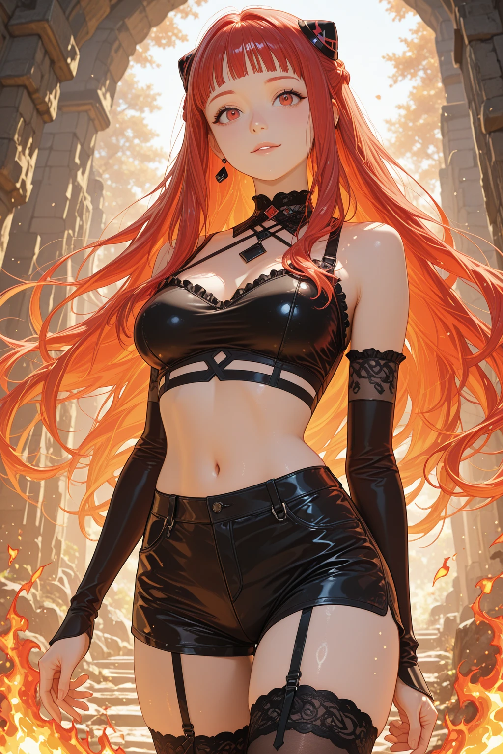 masterpiece, top quality, best quality, official art, beautiful and aesthetic:1.2),(8k, best quality, masterpiece:1.2), (((masterpiece))),(((best quality))),(((extremely detailed))), illustration, who, (masterpiece, top quality, best quality, official art, beautiful and aesthetic:1.2),(8k, best quality, masterpiece:1.2), yinlin_(wuthering_waves), 1girl, solo, pointy ears, score_9,score_8_up,score_7_up,mole_under_eye, clothing_cutout, 1girl, solo, skirt, long hair, , red hair, navel piercing, bikini, hand on own hip, purple eyes, navel, pointy ears, jewelry,looking at viewer, choker, very long hair, red nails, breasts, chain necklace, ponytail, piercing, midriff, hairband,earrings, cowboy shot, standing, stomach, bracelet, black hairband, nail polish, heart, bow, thighs, hand up, hair bow, alternate costume, large breasts, w, parted lips, v, tattoo, swimming pool