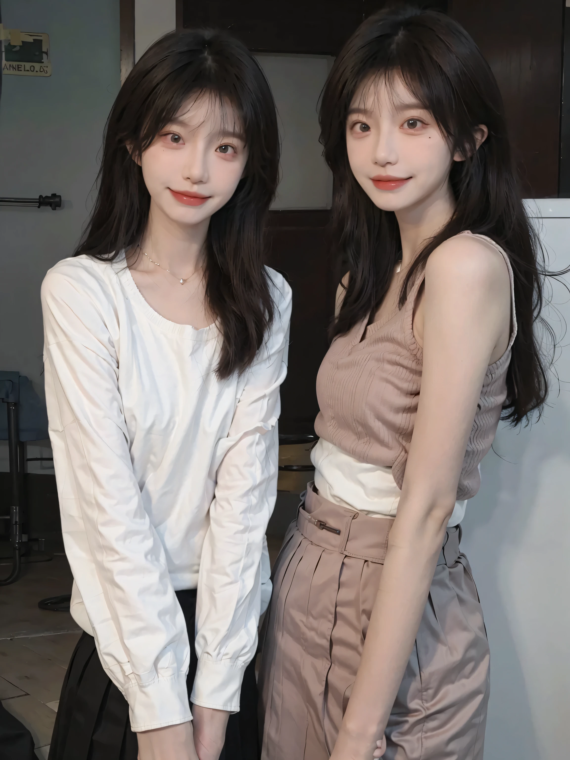 Best quality，Ultra-high resolution,(Realism:1.4)，Cute hairpin，Baoyu Girl，1Girl,Beautiful woman with a slim figure:1.4，Abdominal muscles:1.1,(Brown hair，Mid-chest:1.3)，pink long sweater:1.1，bathroom，Super delicate face，Exquisite eyes，Double eyelids，Smile