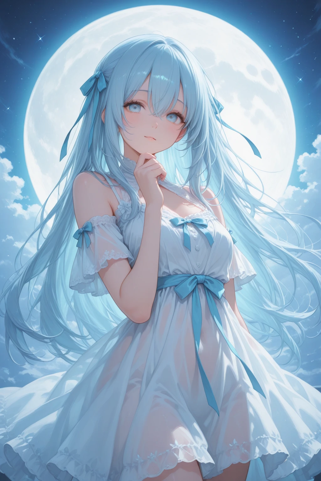 Pretty girl　a smile　light blue long hair　Black eyes　White and blue long dress、A starry sky with beautiful auroras、What is the moon of this world?、I don't think、Fantastic night scenery、Shine on the surface of the lake。Moonlight、illuminate the whole body。Face Highlights。