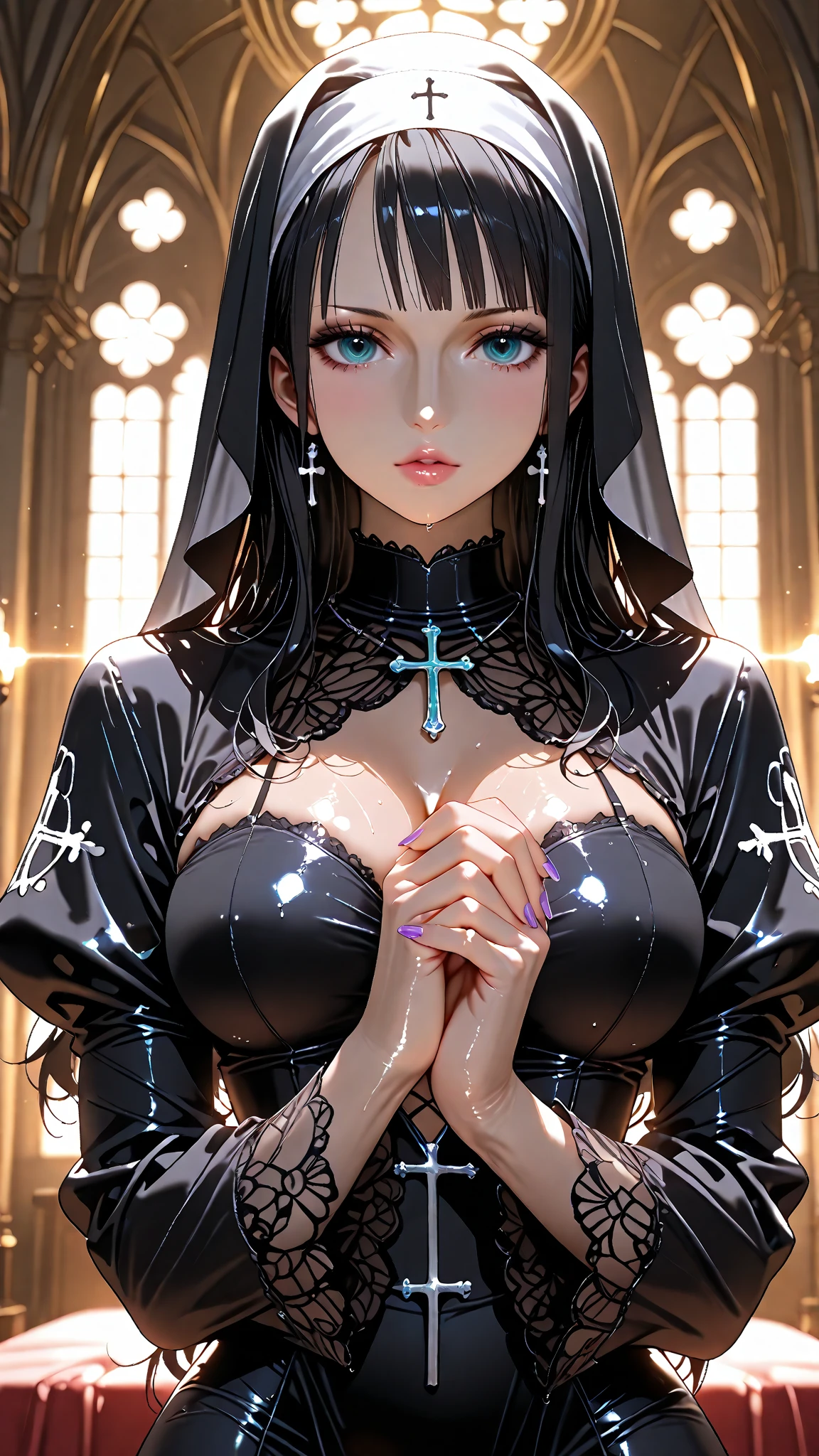 ((best quality)), ((masterpiece)), ((highly detailed)), ((realistic)), ((intricate)), slutty, sexy nun, beautiful, jewelry, professional makeup, cool, edgy, cleavage, sleeveless black sequin outfit, black translucent robes, body chain, cinematic lighting, indoor, inside a church, magnificent, stained glass, mystical, magical, stunning, enigmatic.