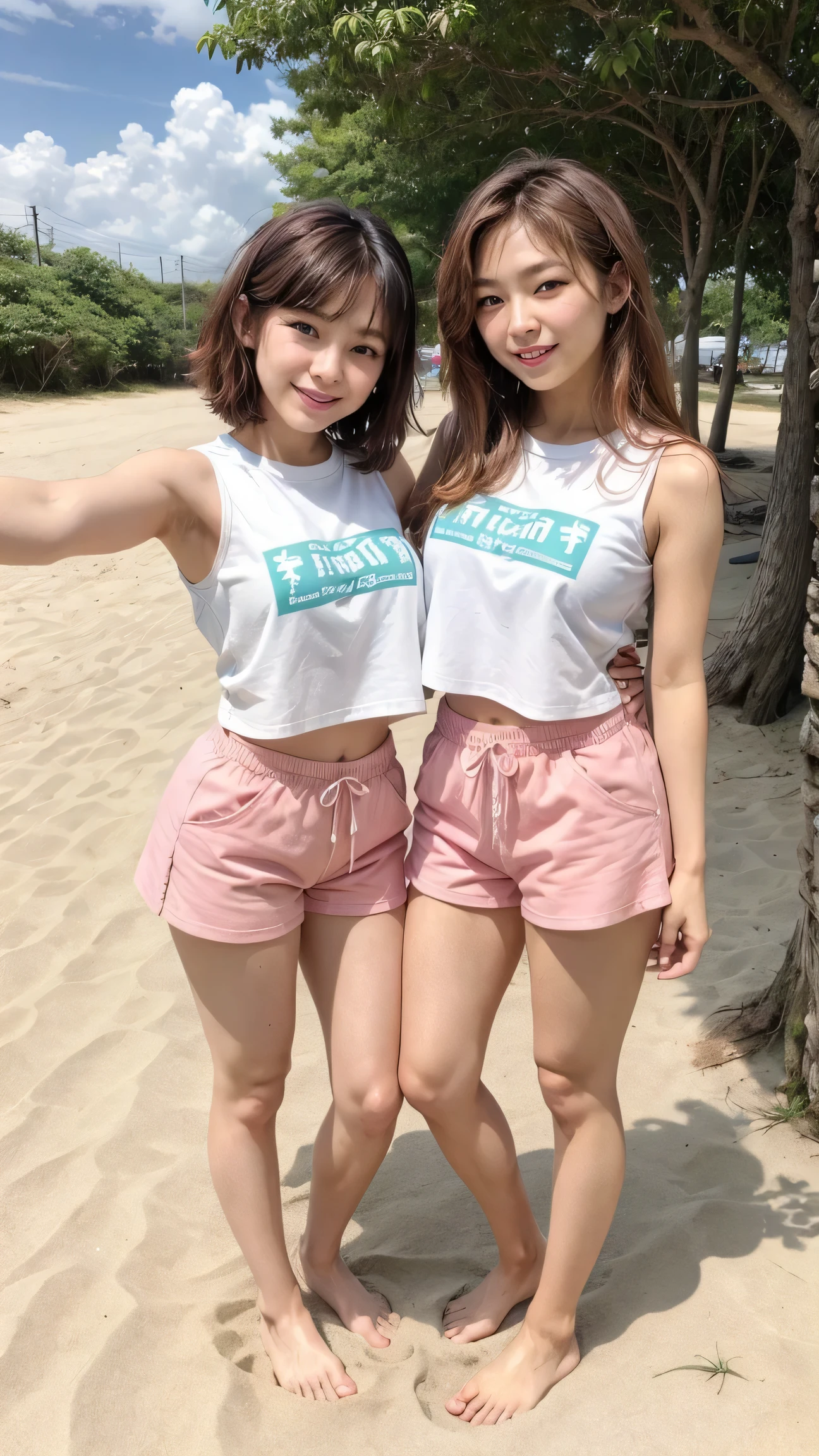 Create me a girl with blonde highlights who is on vacation she will stand in front of a stone wall with the sun illuminating her she will have pink shorts a black bra top with a black handbag