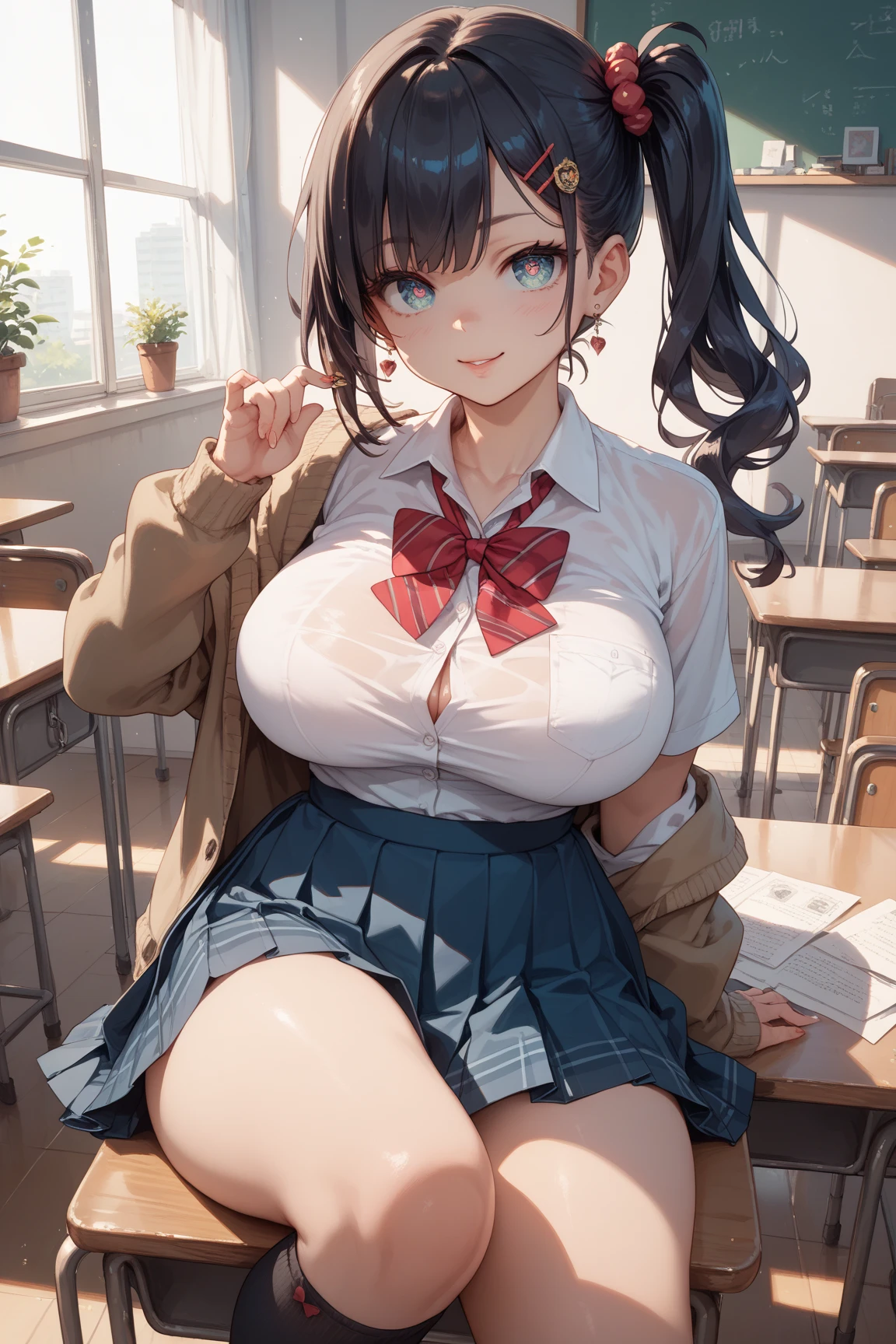 High school girls、(uniform、short sleeves, white shirt, loose bow tie, Pleated skirt), cute、slender、16 years old、(Masterpiece、highest quality)、Highest quality、(8k, highres), (embarrassed:1.3), (hugging one’s breast), (pussy juice1.8), (Leaning forward:1.1)、(Inner thighs:1.5), Shooting from below,(Close ~ eyes)