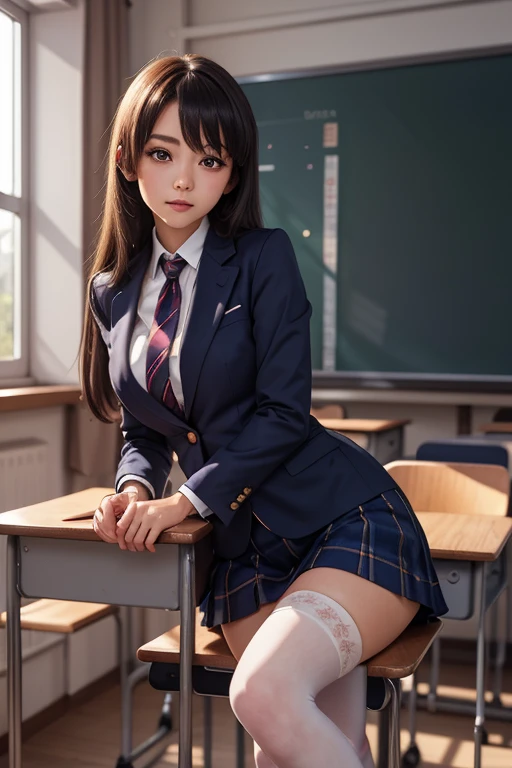 (8K,RAW photos,top Quority,tmasterpiece),HD RAW color photo professional close-up Photograph,(realisticlying,realisticlying:1.37),(HighestQuali),(Best shadow),鎖骨((The large)),((,Raised sexy,超高分辨率,HD CG unified 8K wallpapers,physically-based renderingt,cinmatic lighting),(aegyo sal:1),18 years old girls,(grey blazer,Ribbons,Stockings,High School Uniforms:1.2),high school classroom, beatiful detailed eyes,Light on the face,((full body shot shot:1.2)),Particularly bright light,(Upper Eye:1.2),shiny skins,(((brunette color hair,bob hair:1.2))),ulzang-6500-v1.1:0.2,is shy,(flash lights:1.2),NSFW,((tempting pose:1.2,big breasts enchanting:1.2)),(Idle),(Sit at a desk in the classroom:1.2)),((Good anatomy:1.2)),((Bright and refreshing classroom,The background is blurred out: 1.2)),s the perfect face,(high-angle shot:1.2),true