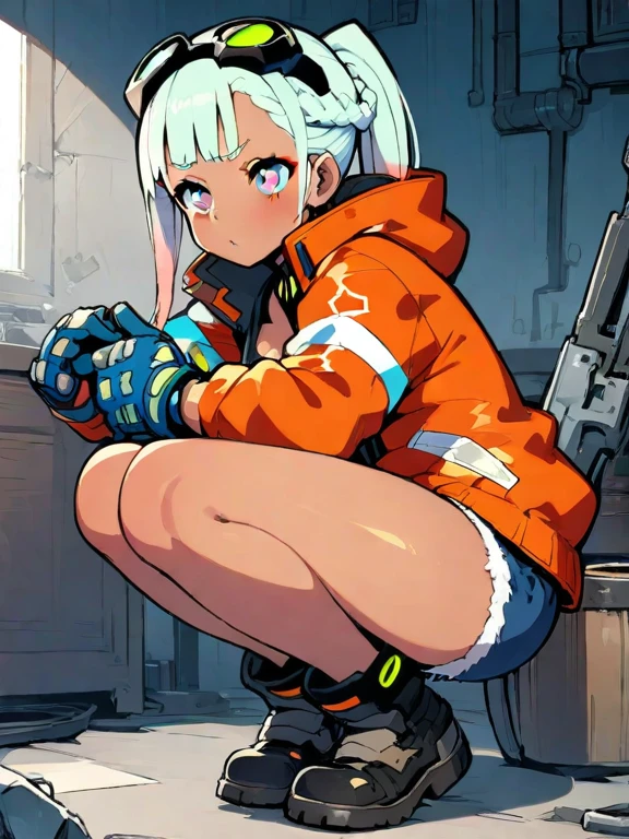 (masterpiece:1.3), (best quality:1.2), (illustration:1.2), (ultra detailed:1.2), 1girl, close up face,solo, small breasts, short hair, topknot, forehead, freckles, looking at viewer, roxie ,white hair, blue eyes, smile, happy, striped dress, striped, dress, bike shorts, boots, pale skin, simple backgorund,